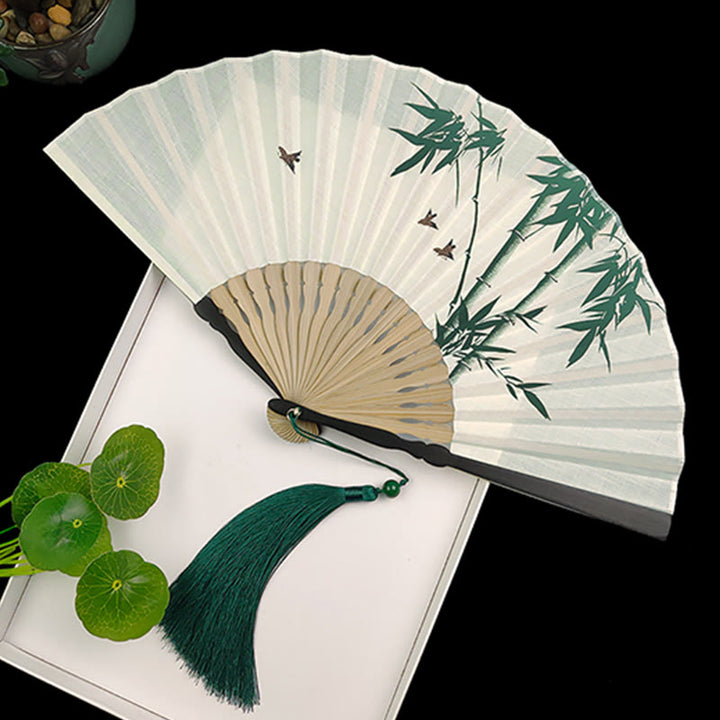 Buddha Stones Bamboo Koi Fish Crane Handheld Cotton Linen Folding Fan