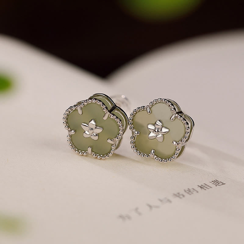 Buddha Stones 925 Sterling Silver Hetian Jade Plum Flower Luck Stud Earrings