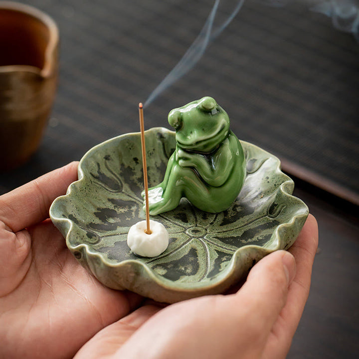 Buddha Stones Leaf Meditation Frog Pattern Healing Ceramic Incense Burner Decoration