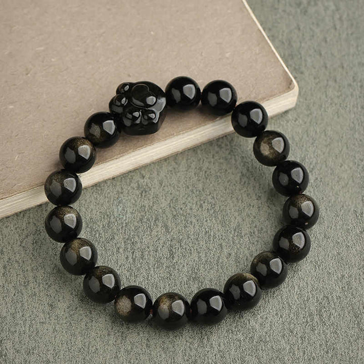 Buddha Stones Gold Sheen Obsidian Silver Sheen Obsidian Lovely Paw Lucky Cat Protection Bracelet