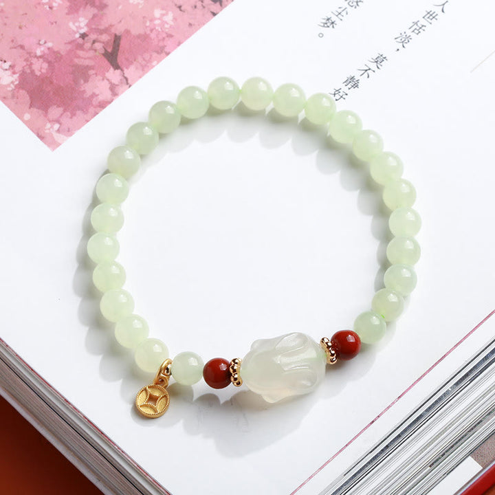 Buddha Stones 925 Sterling Silver Plated Gold Natural Hetian Jade Bead Gourd Lotus Bamboo Fu Character Luck Bracelet