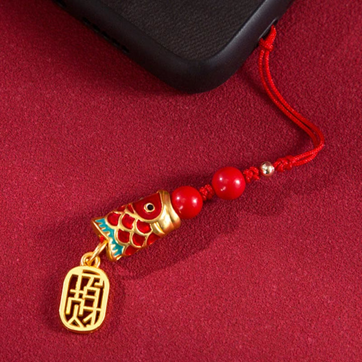 Buddha Stones Koi Fish Cinnabar Attracting Wealth Wish Ruyi Charm Luck Phone Hanging Decoration