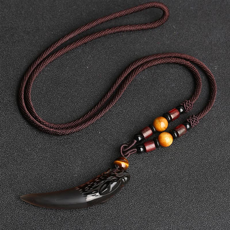 Buddha Stones Natural Ice Obsidian Wolf Tooth Pattern Courage Necklace Pendant