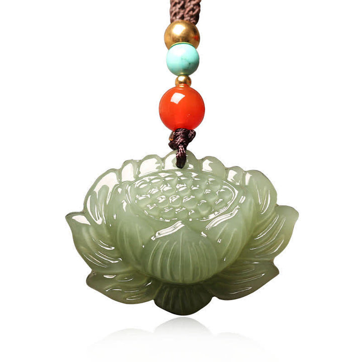 Buddha Stones Hetian Cyan Jade Lotus Flower Success Necklace Pendant