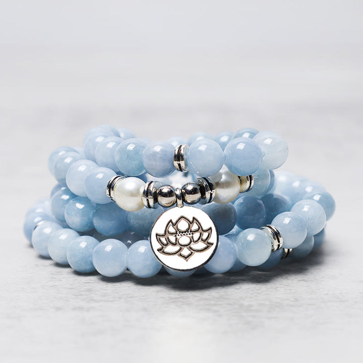 Buddha Stones 108 Mala Beads Aquamarine Healing Bracelet