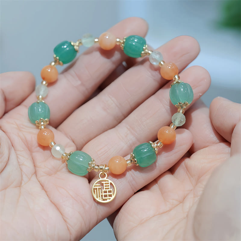 Buddha Stones Natural Golden Silk Jade Pumpkin Bead Fu Character Charm Wealth Bracelet