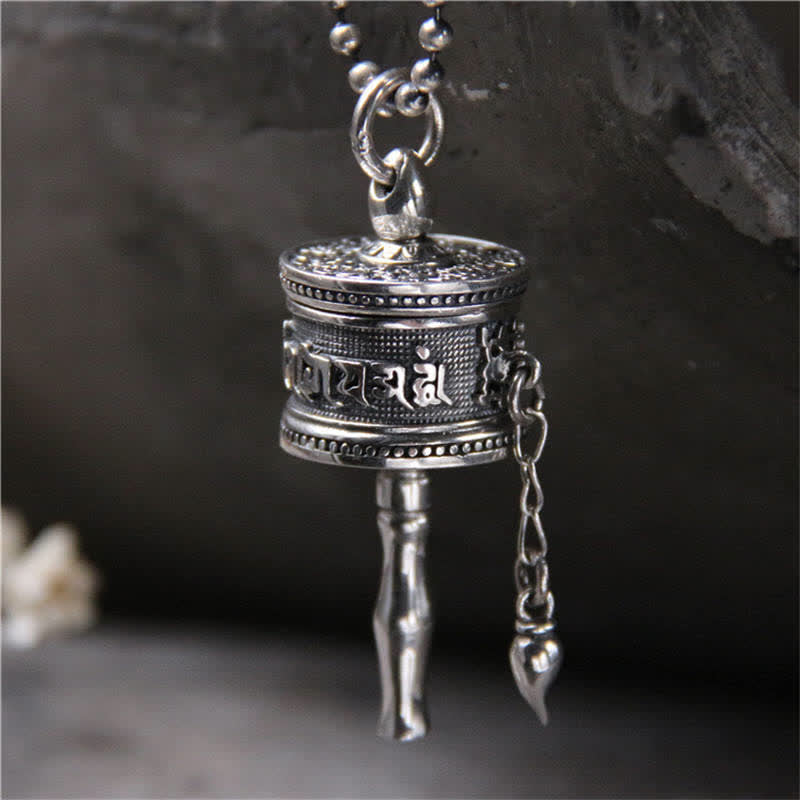 925 Sterling Silver Om Mani Padme Hum Prayer Wheel Purity Rotatable Necklace Pendant