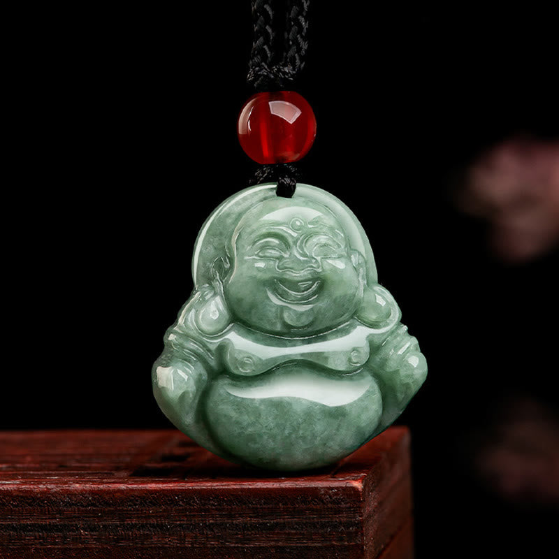 Buddha Stones Natural Green Jade Laughing Buddha Luck Abundance Necklace Pendant