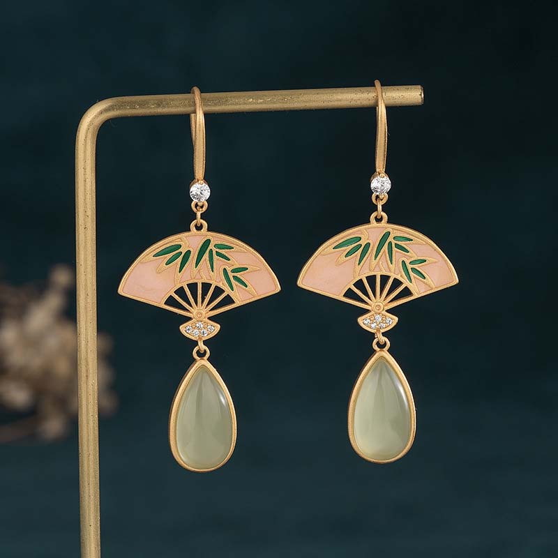 Buddha Stones Natural Green Aventurine Fan Pattern Luck Drop Earrings