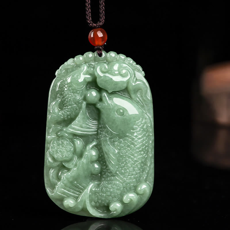 Buddha Stones Natural Jade Koi Fish Lotus Wealth Prosperity Necklace Pendant