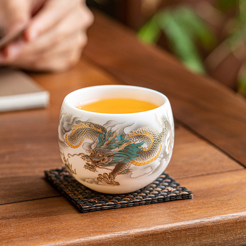 Buddha Stones Dragon Phoenix Auspicious Clouds Ceramic Teacup Kung Fu Tea Cup With Gift Box