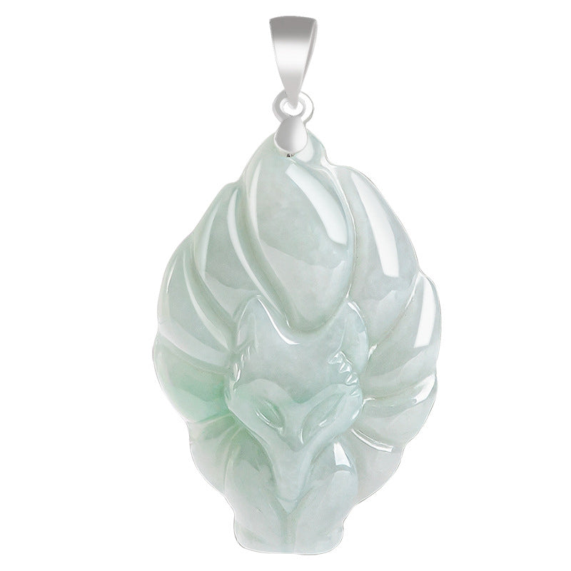 Buddha Stones 925 Sterling Silver Natural Jade Nine Tailed Fox Prosperity Necklace Pendant