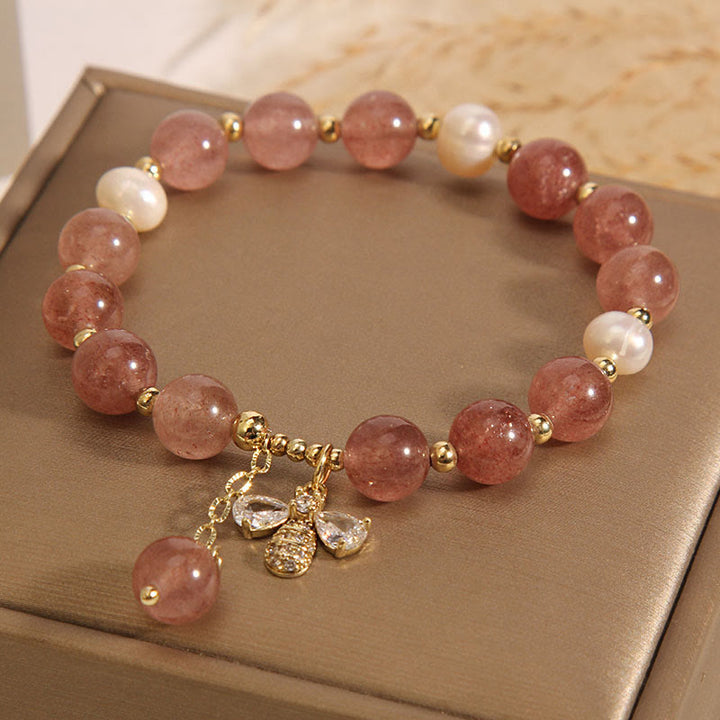 Buddha Stones Strawberry Quartz Pearl Cute Zircon Honeybee Positive Charm Bracelet