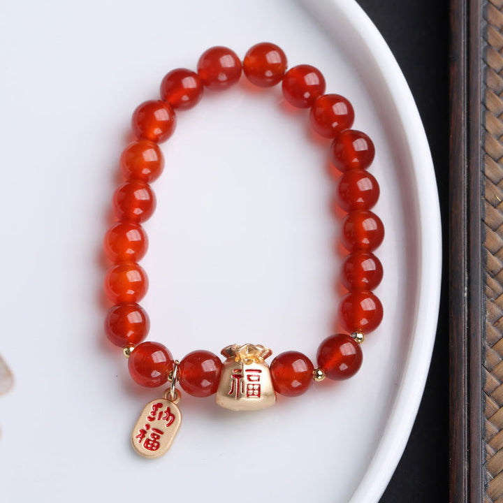 Buddha Stones Natural White Agate Red Agate Money Bag Fu Character Four Leaf Clover Protection Bracelet