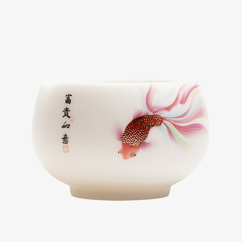 Buddha Stones Koi Fish White Porcelain Ceramic Teacup Kung Fu Tea Cup