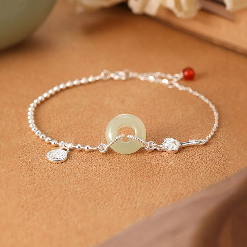 Buddha Stones 925 Sterling Silver Hetian Jade Peace Buckle Fu Character Luck Chain Bracelet