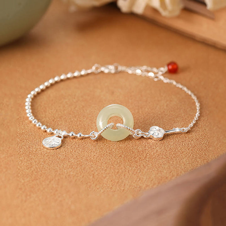 Buddha Stones 925 Sterling Silver Hetian Jade Peace Buckle Fu Character Luck Chain Bracelet