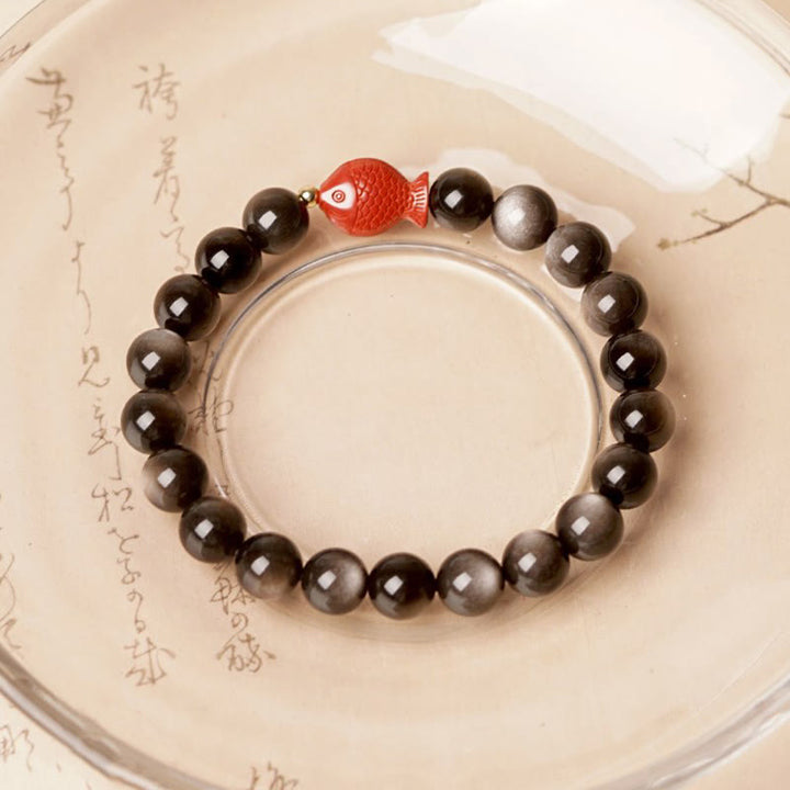 Buddha Stones Natural Silver Sheen Obsidian Cinnabar Koi Fish Soothing Protection Bracelet