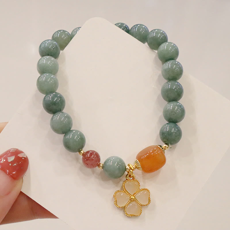 Buddha Stones Jade Four Leaf Clover Charm Prosperity Bracelet