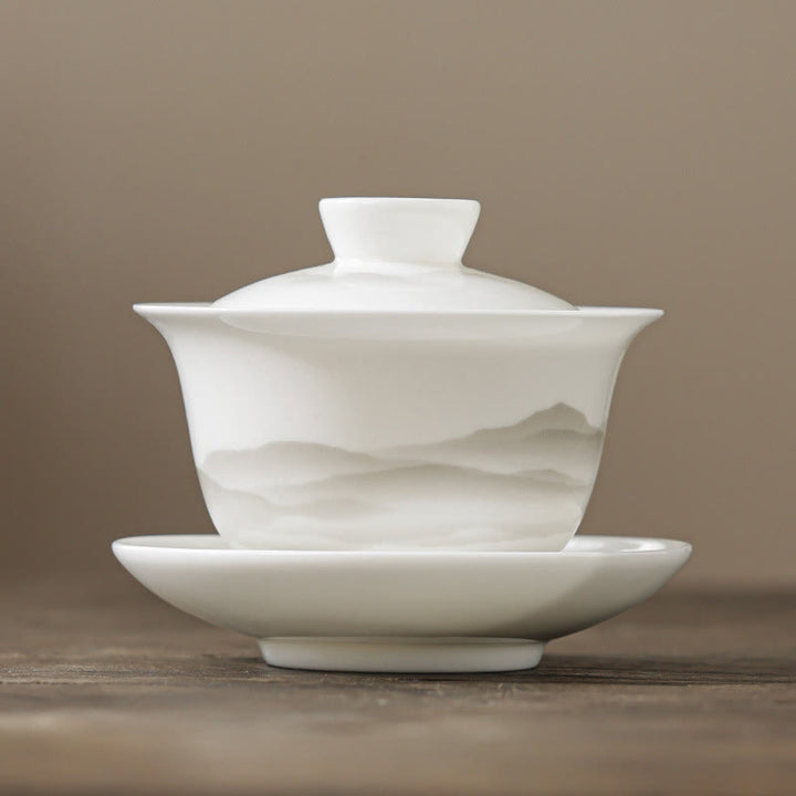 Buddha Stones Vintage Ink Painting Mountain White Porcelain Ceramic Gaiwan Sancai Teacup Kung Fu Tea Cup And Saucer With Lid Tea Utensil Teapot