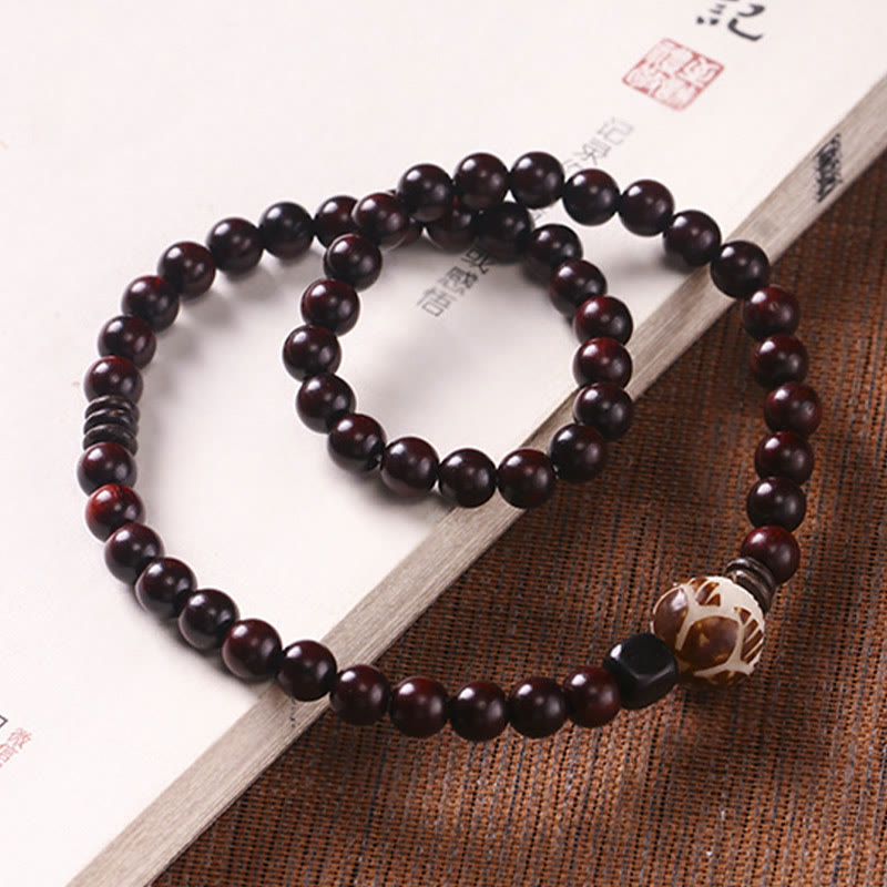 Buddha Stones Small Leaf Red Sandalwood Lotus Bodhi Seed Carved Protection Double Wrap Bracelet