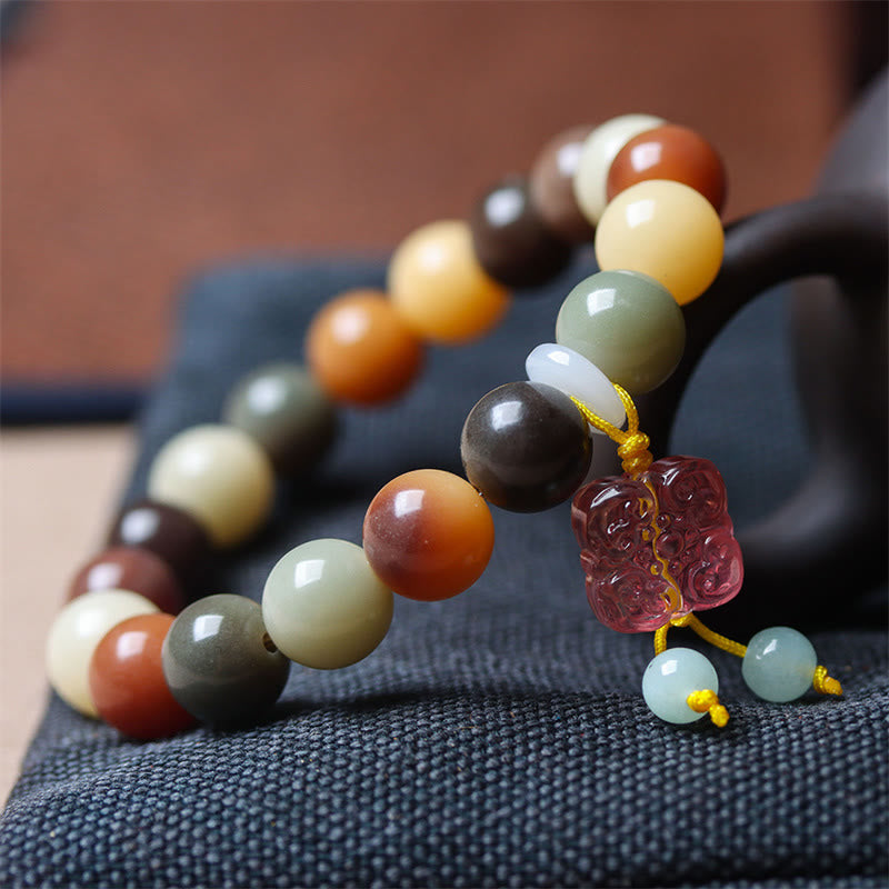 Buddha Stones Natural Multicolored Gradient Bodhi Seed Liuli Glass Charm Peace Bracelet