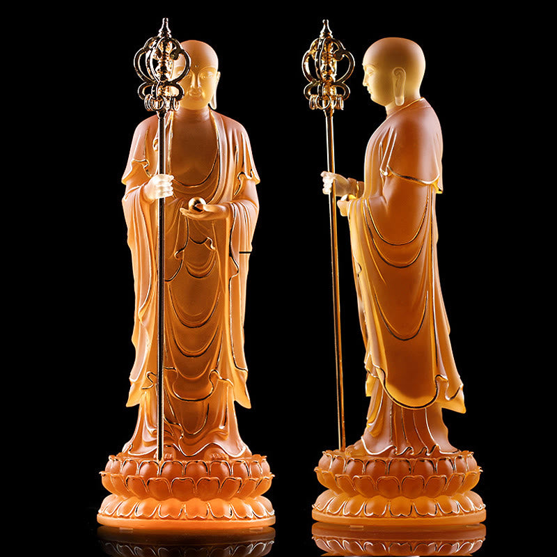 Buddha Stones Handmade Ksitigarbha Bodhisattva Figurine Liuli Crystal Art Piece Serenity Statue Home Decoration