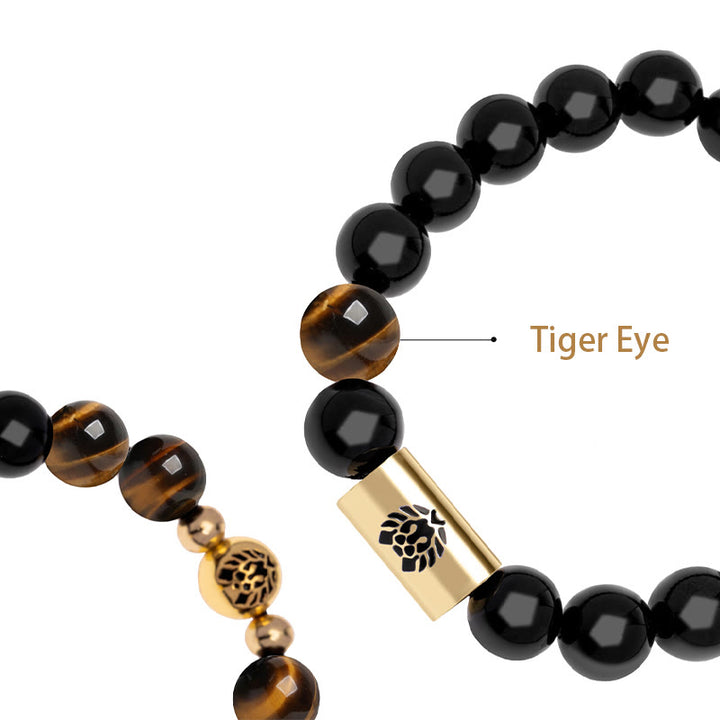 Buddha Stones Black Onyx Tiger Eye Bead Lion Engraved Protection Bracelet