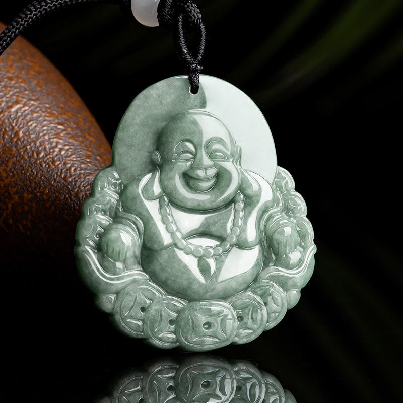 Buddha Stones Laughing Buddha Natural Jade Copper Coin Abundance Necklace Pendant