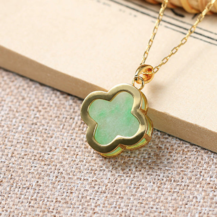 Buddha Stones Four Leaf Clover Jade Pattern Luck Necklace Pendant