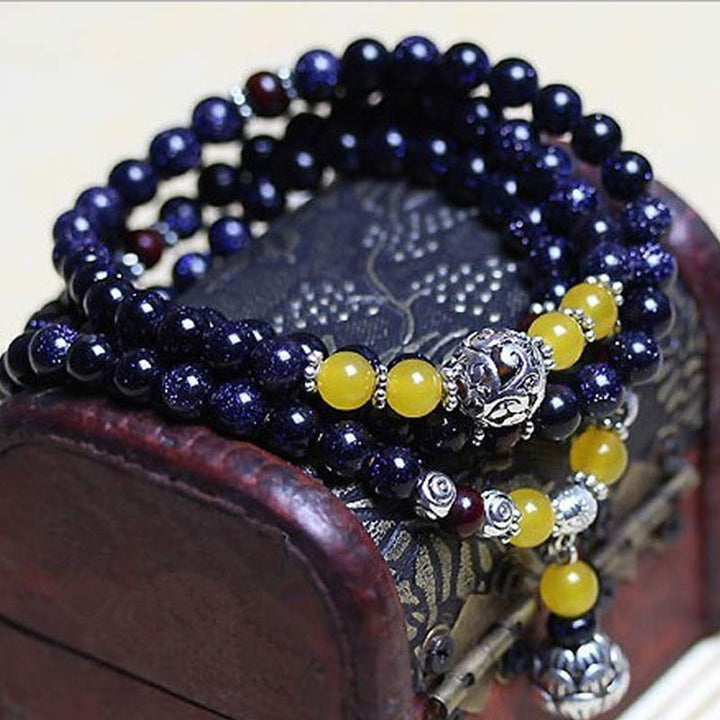 Buddha Stones Blue Sandstone Wealth Charm Bracelet Mala