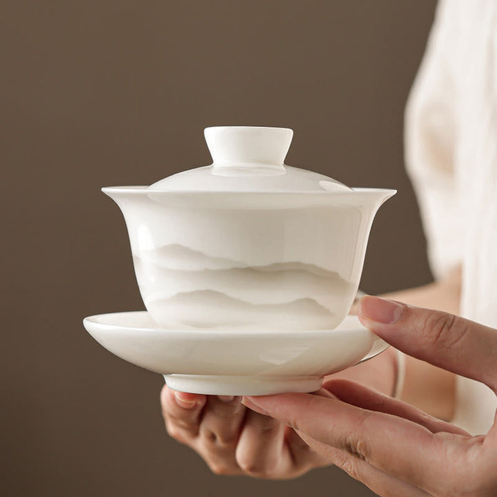 Buddha Stones Vintage Ink Painting Mountain White Porcelain Ceramic Gaiwan Sancai Teacup Kung Fu Tea Cup And Saucer With Lid Tea Utensil Teapot