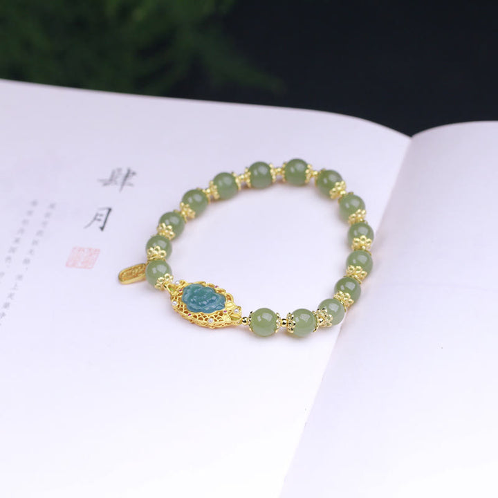 14K Gold Plated 925 Sterling Silver Hetian Jade Lotus Luck Bracelet