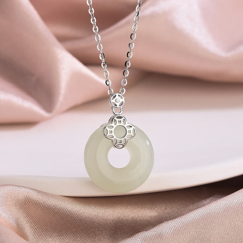 Buddha Stones 925 Sterling Silver Natural Hetian White Jade Chalcedony Coin Peace Buckle Luck Necklace Pendant