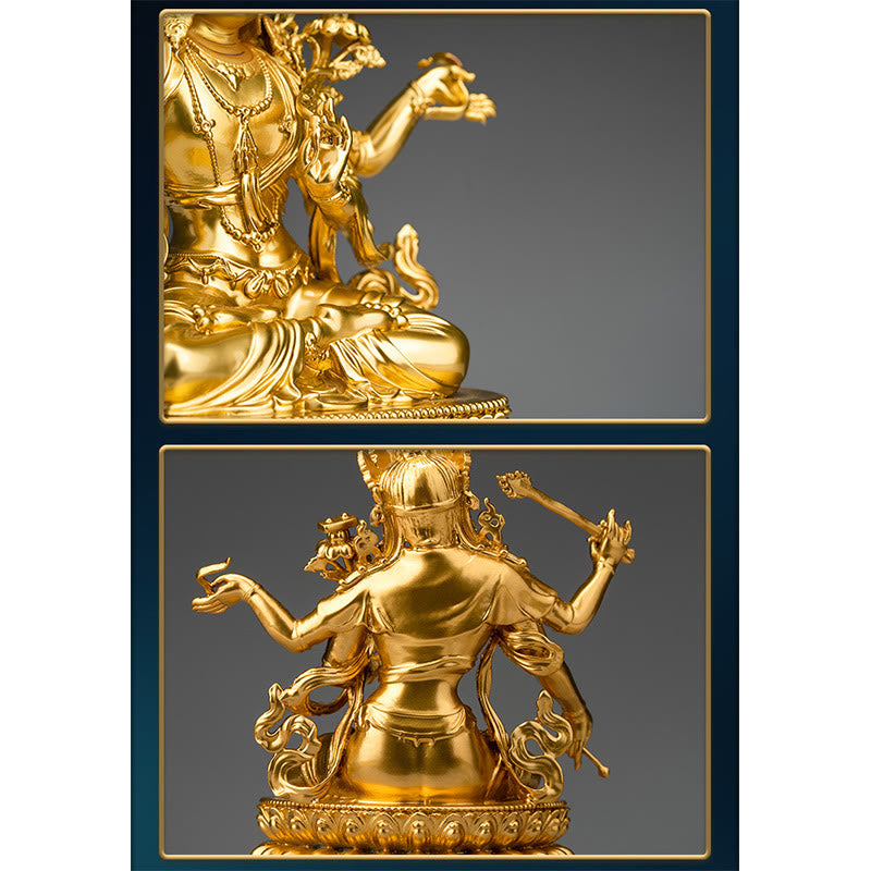 Four-armed Manjusri Bodhisattva Gold Figurine Compassion Serenity Copper Statue Home Decoration