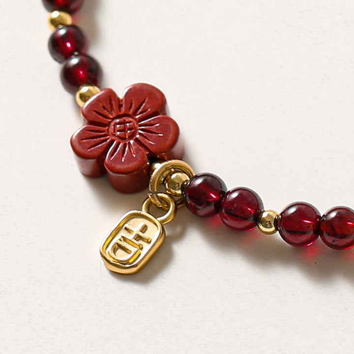 Buddha Stones 14K Gold Natural Garnet Cinnabar Flower Calm Bracelet