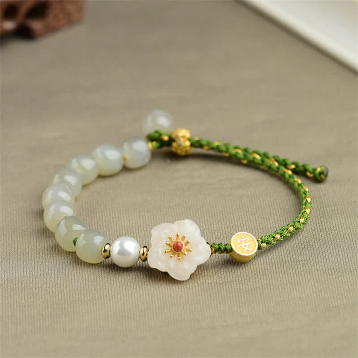 925 Sterling Silver Natural Hetian Jade Peach Blossom Luck Bracelet