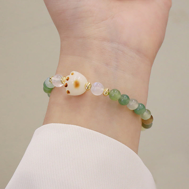 Buddha Stones Green Agate Sun Stone Cat's Eye Bodhi Seed Cat Paw Support Bracelet