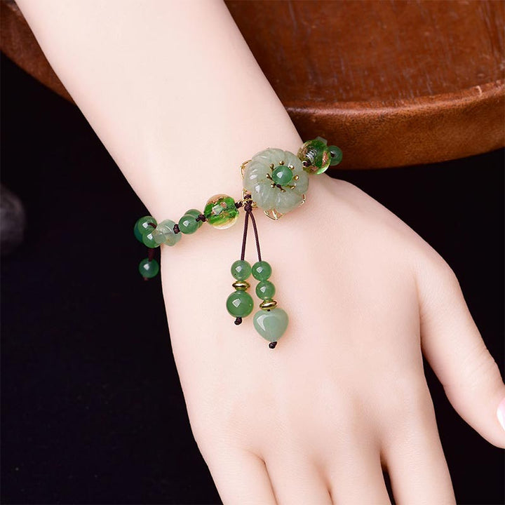 Buddha Stones Natural Green Jade Luck Dangling Flower Bracelet