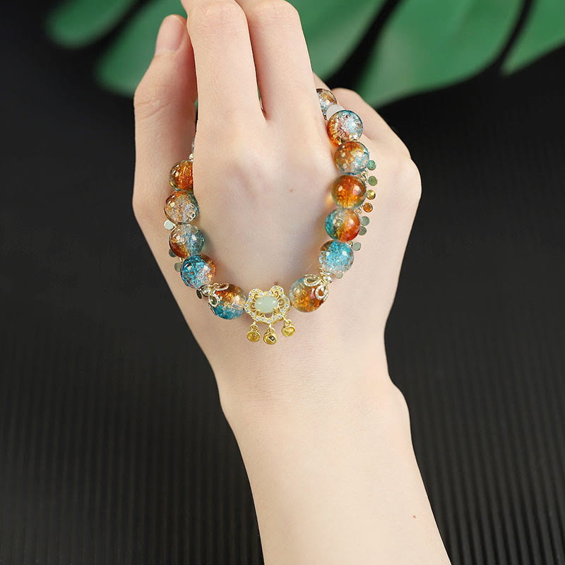 Buddha Stones Colorful Liuli Glass Bead Chinese Lock Charm Fortune Bracelet