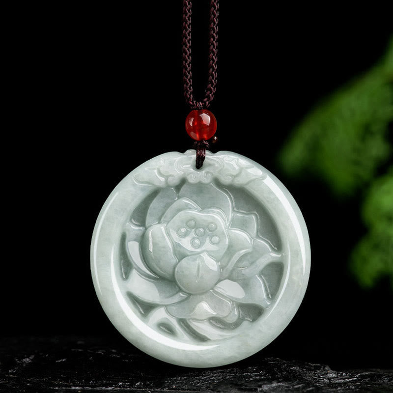 Buddha Stones Natural Jade Lotus Flower Carved Prosperity Necklace Pendant