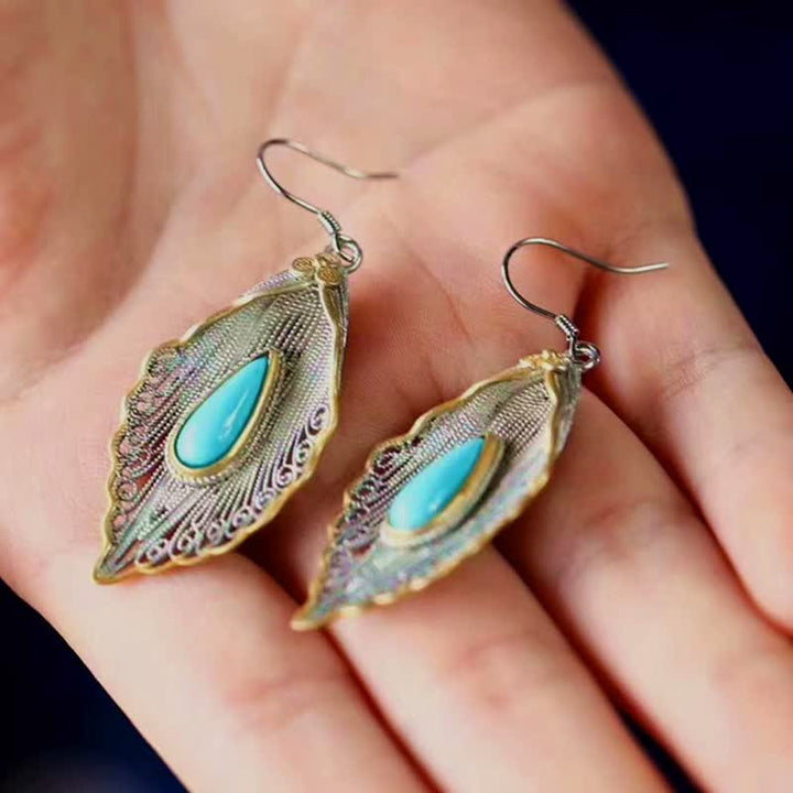 925 Sterling Silver Turquoise Bodhi Leaf Pattern Protection Drop Dangle Earrings