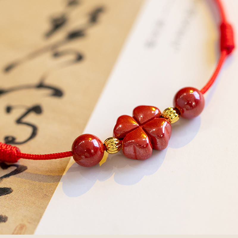 Buddha Stones Four Leaf Clover Cinnabar Blessing Calm String Bracelet Anklet