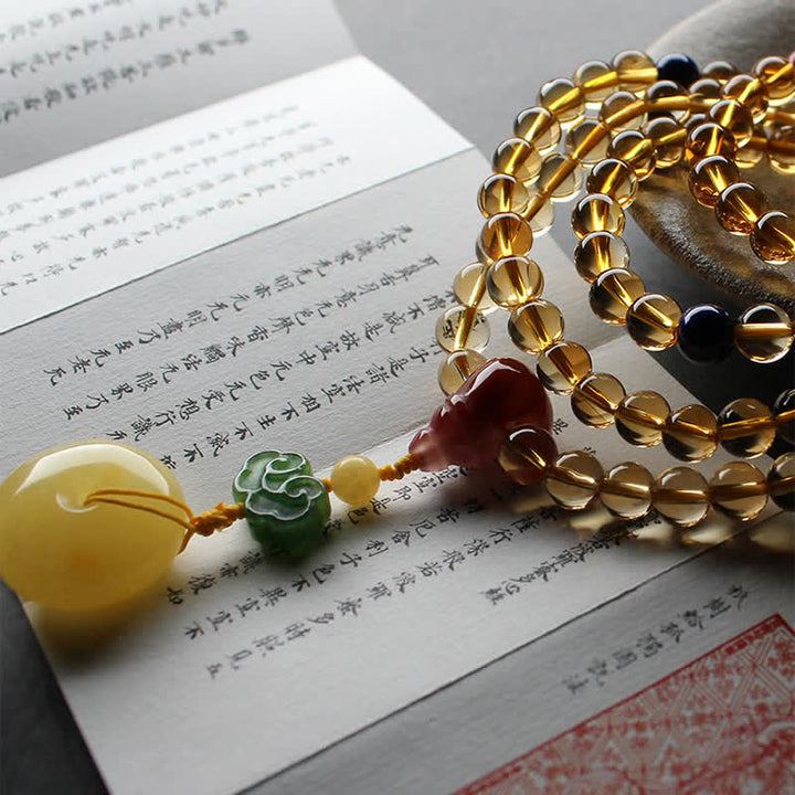 108 Mala Beads Natural Citrine Amber Peace Buckle Red Agate PiXiu Protection Charm Bracelet