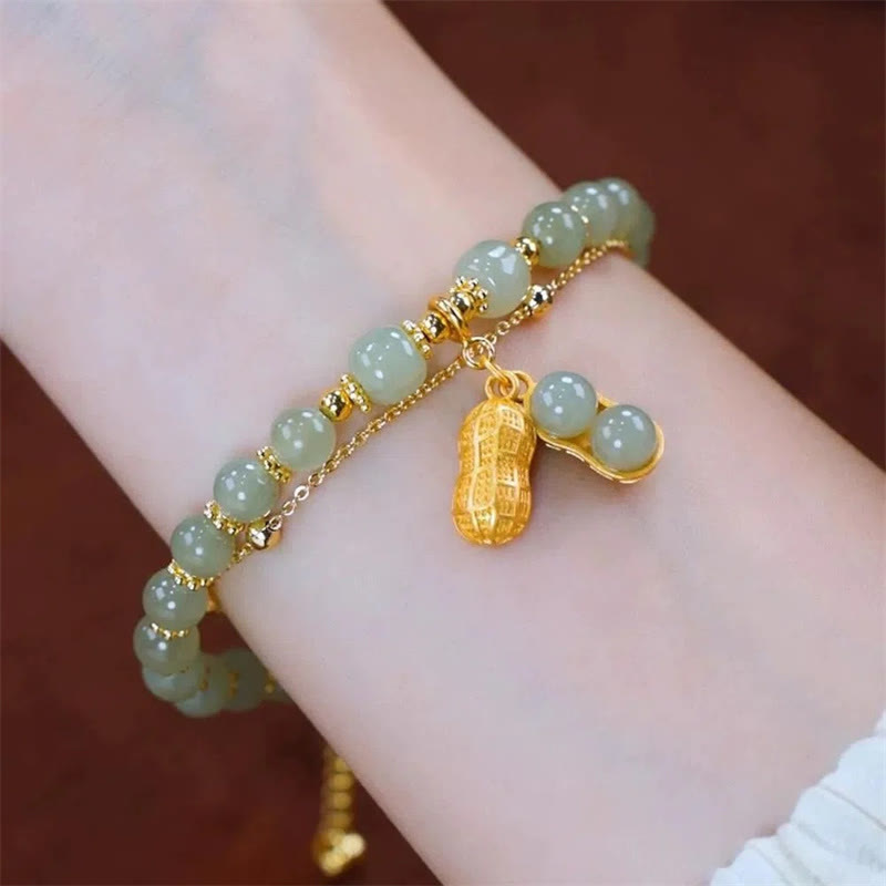 Buddha Stones Jade Leaf Ginkgo Tulip Peanut Fu Character Luck Beaded Bracelet