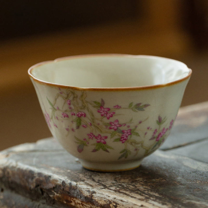 Buddha Stones Peach Blossom Daisy Flower Ceramic Teacup Kung Fu Tea Cups