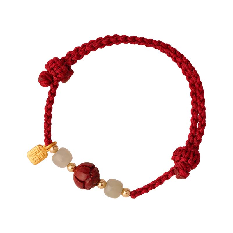 Buddha Stones Cinnabar Jade Lotus Calm Red String Weave Bracelet