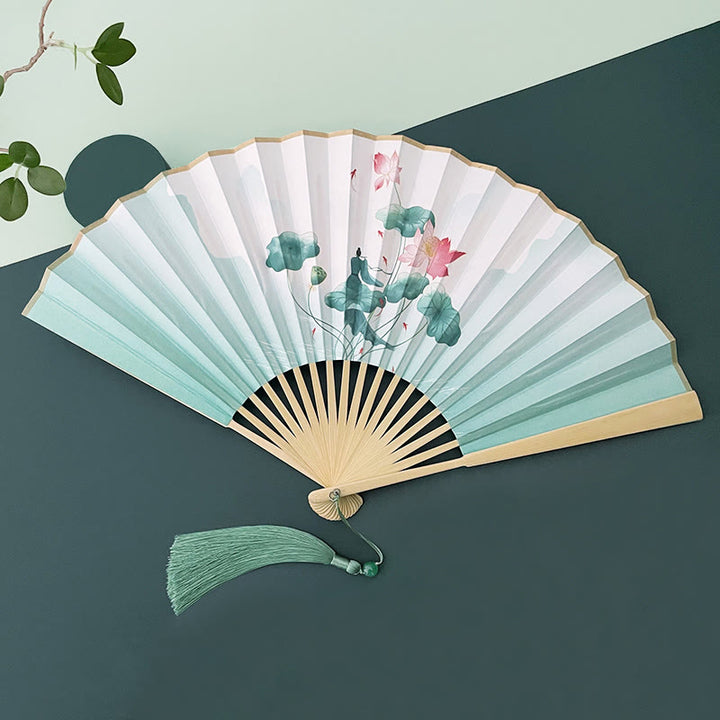 Buddha Stones Retro Lotus Flower Leaf Mountain Lake Handheld Folding Fan With Bamboo Frames