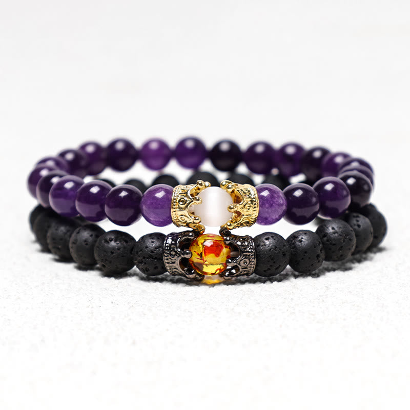 Buddha Stones Natural Stone King&Queen Crown Healing Energy Beads Couple Bracelet