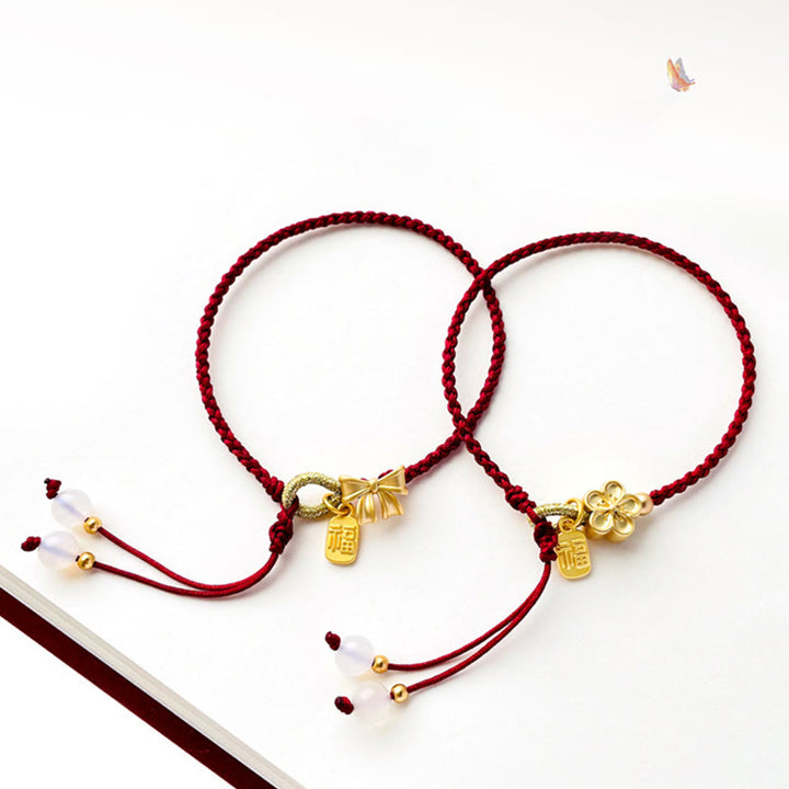 Buddha Stones Handmade Peach Blossom Rosette Bow Knot Fu Character Charm Luck Fortune Red Rope Bracelet